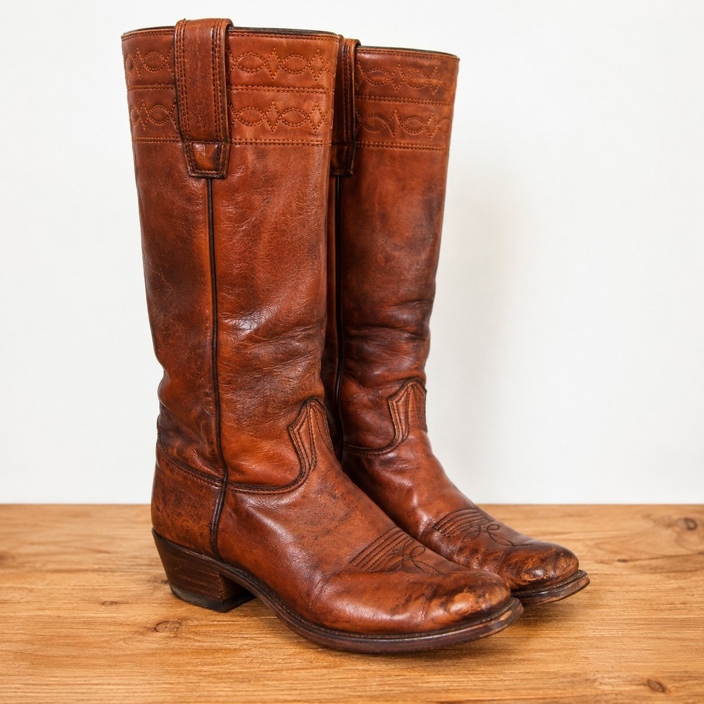 Vintage 1977 Stewart Boot Co Brown Leather Tall Western Cowboy Boots Women's 8.5